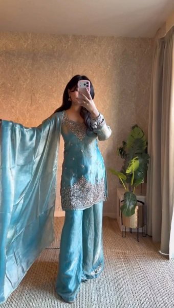 Plush Sky Blue Fendy Silk Embroidered Kurti Palazzo Set for Festive Wear Ready To Wear Collection