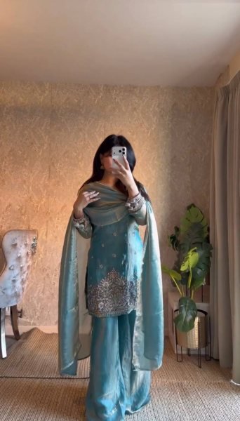 Plush Sky Blue Fendy Silk Embroidered Kurti Palazzo Set for Festive Wear Ready To Wear Collection