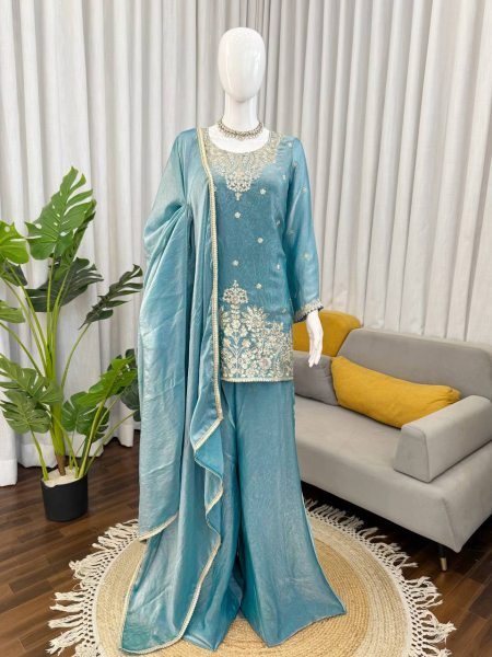 Plush Sky Blue Fendy Silk Embroidered Kurti Palazzo Set for Festive Wear Ready To Wear Collection
