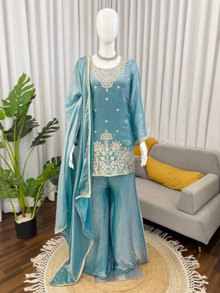 Plush Sky Blue Fendy Silk Embroidered Kurti Palazzo Set for Festive Wear Ready To Wear Collection