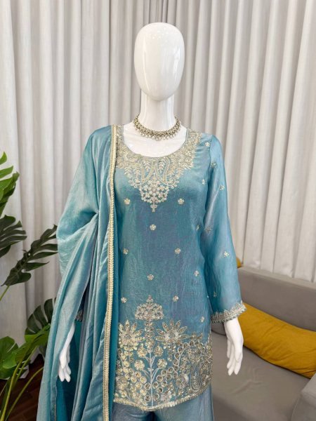 Plush Sky Blue Fendy Silk Embroidered Kurti Palazzo Set for Festive Wear Ready To Wear Collection