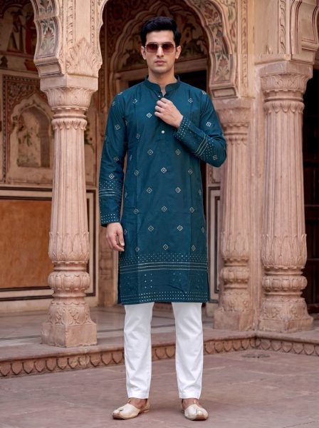 Plush Teal Blue Heavy Sequence Work Kurta for Men Ethnic Fashion Kurta Pajama Wholesale