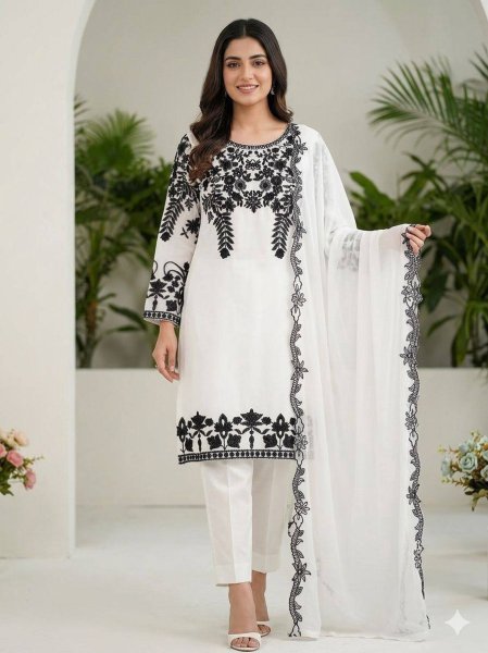 Plush White Designer Fox Georgette Top Pant Dupatta Set at Wholesale Rate Ready To Wear Collection