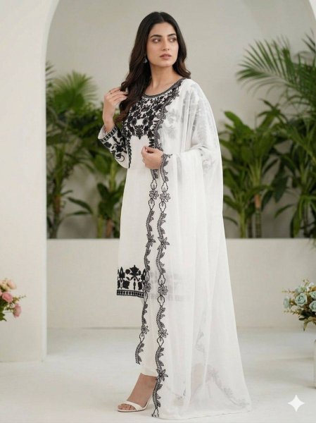 Plush White Designer Fox Georgette Top Pant Dupatta Set at Wholesale Rate Ready To Wear Collection