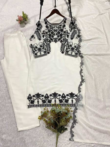 Plush White Designer Fox Georgette Top Pant Dupatta Set at Wholesale Rate Ready To Wear Collection