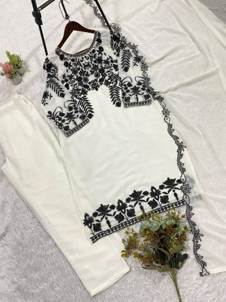 Plush White Designer Fox Georgette Top Pant Dupatta Set at Wholesale Rate Ready To Wear Collection