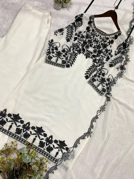 Plush White Designer Fox Georgette Top Pant Dupatta Set at Wholesale Rate Ready To Wear Collection