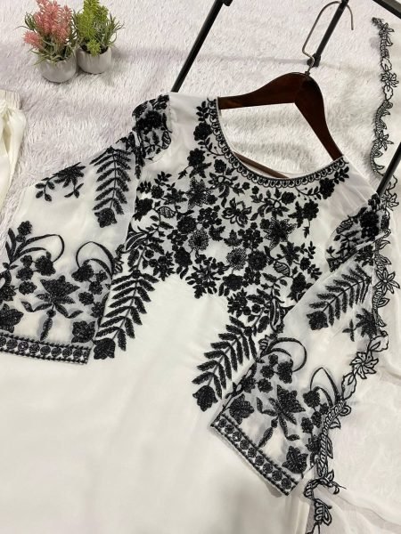 Plush White Designer Fox Georgette Top Pant Dupatta Set at Wholesale Rate Ready To Wear Collection