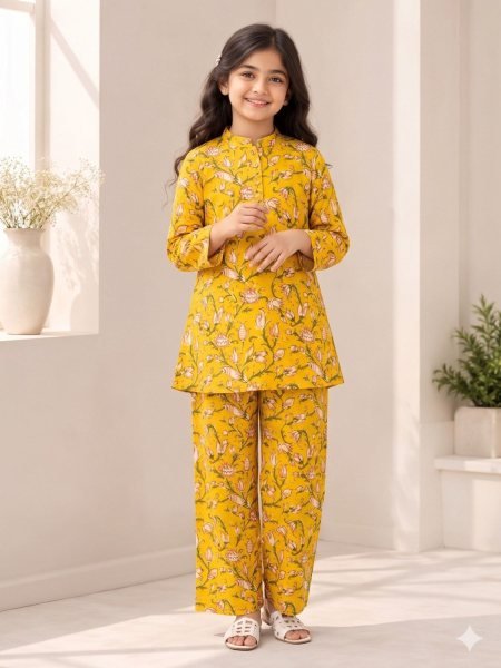 Plush Yellow Trendy Printed Cotton Co-Ord Set for Kids Kurtis