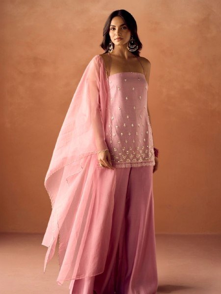 Polished Baby Pink Viscose Organza Palazzo Set For Wholesale Price Embroidery Kurtis 