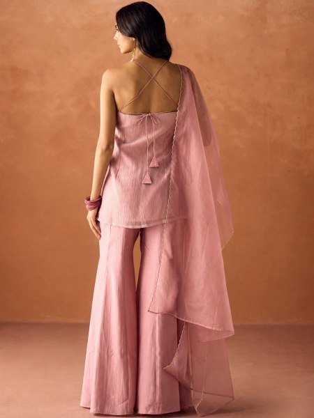 Polished Baby Pink Viscose Organza Palazzo Set For Wholesale Price Embroidery Kurtis 