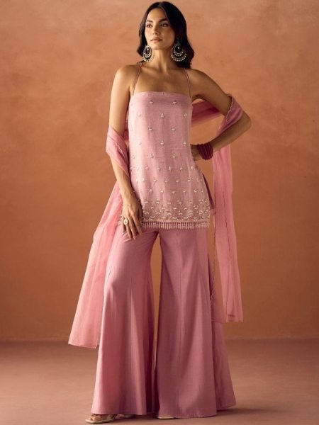 Polished Baby Pink Viscose Organza Palazzo Set For Wholesale Price Embroidery Kurtis 