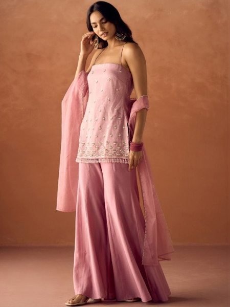 Polished Baby Pink Viscose Organza Palazzo Set For Wholesale Price Embroidery Kurtis 