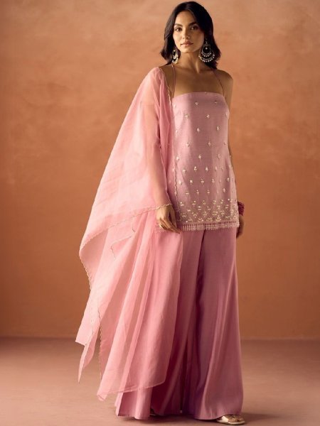 Polished Baby Pink Viscose Organza Palazzo Set For Wholesale Price Embroidery Kurtis 