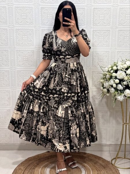 Polished Black Designer Muslin Cotton Midi Dress with Elegant Print Work 