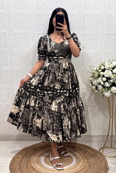 Polished Black Designer Muslin Cotton Midi Dress with Elegant Print Work Western Ladies Top Wholesale
