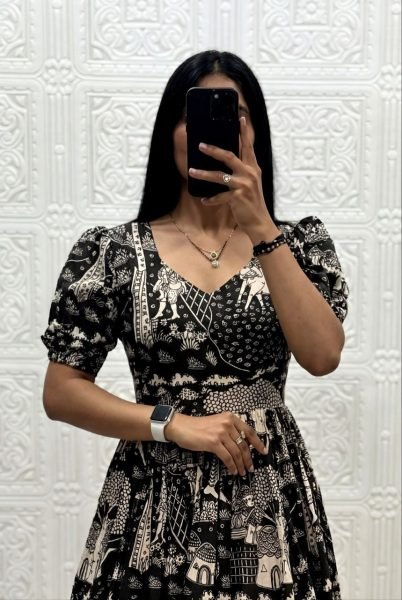 Polished Black Designer Muslin Cotton Midi Dress with Elegant Print Work Western Ladies Top Wholesale