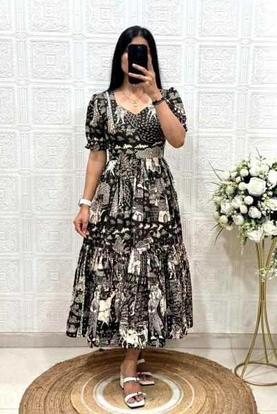 Polished Black Designer Muslin Cotton Midi Dress with Elegant Print Work Western Ladies Top Wholesale
