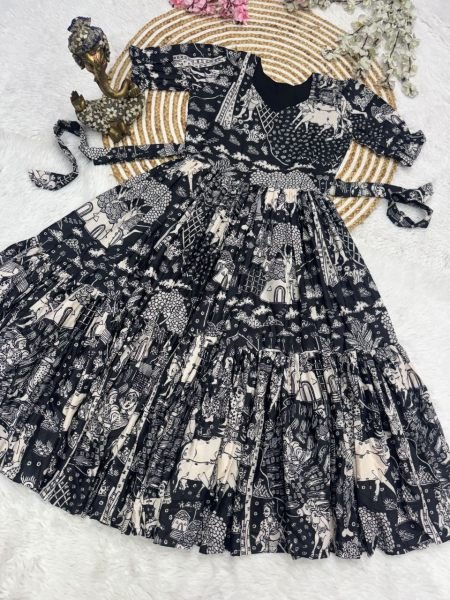 Polished Black Designer Muslin Cotton Midi Dress with Elegant Print Work Western Ladies Top Wholesale