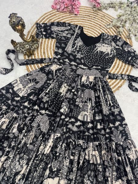 Polished Black Designer Muslin Cotton Midi Dress with Elegant Print Work Western Ladies Top Wholesale