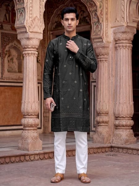 Polished Black Fancy Malai Silk Kurta for Traditional Occasions 
