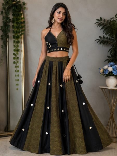 Polished Black Mahendi Green Festive Wear Ajrakh Lehenga with 7-8 Meter Flair