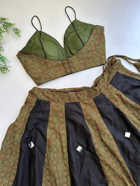 Polished Black Mahendi Green Festive Wear Ajrakh Lehenga with 7-8 Meter Flair Navratri Lehnega Choli