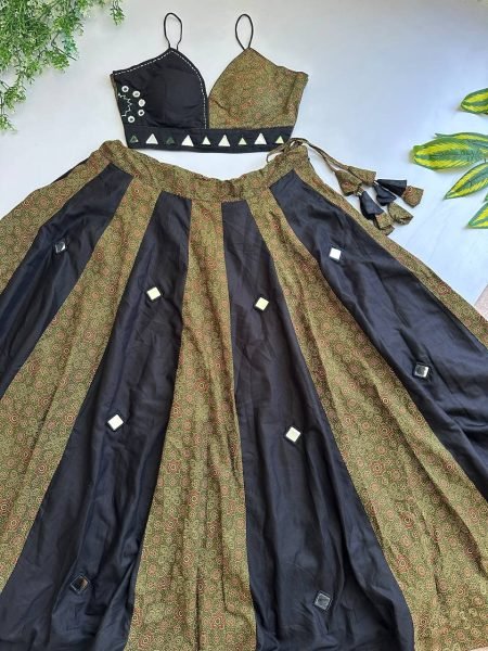 Polished Black Mahendi Green Festive Wear Ajrakh Lehenga with 7-8 Meter Flair Navratri Lehnega Choli