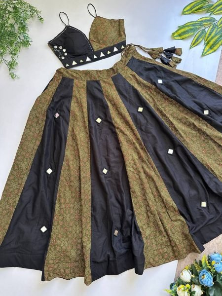 Polished Black Mahendi Green Festive Wear Ajrakh Lehenga with 7-8 Meter Flair Navratri Lehnega Choli