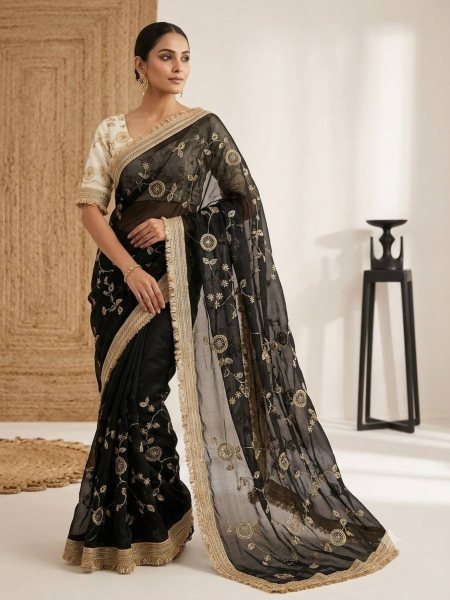 Polished Black Pure Fandy Satin Saree with C Pallu Bits Embroidery and Ready Lace Border Sarees 