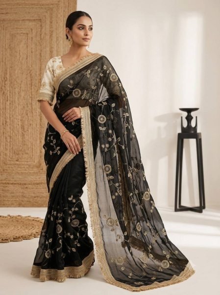 Polished Black Pure Fandy Satin Saree with C Pallu Bits Embroidery and Ready Lace Border Embroidery Sarees Wholesale