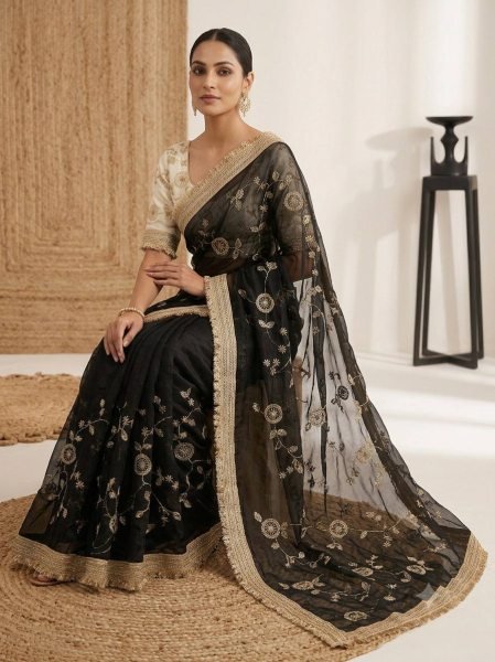 Polished Black Pure Fandy Satin Saree with C Pallu Bits Embroidery and Ready Lace Border Embroidery Sarees Wholesale