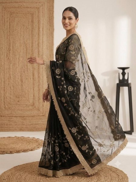 Polished Black Pure Fandy Satin Saree with C Pallu Bits Embroidery and Ready Lace Border Embroidery Sarees Wholesale