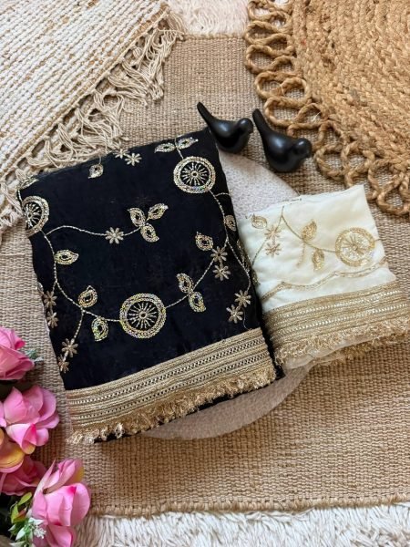 Polished Black Pure Fandy Satin Saree with C Pallu Bits Embroidery and Ready Lace Border Embroidery Sarees Wholesale