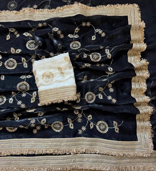 Polished Black Pure Fandy Satin Saree with C Pallu Bits Embroidery and Ready Lace Border Embroidery Sarees Wholesale