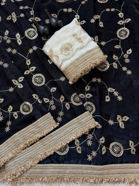Polished Black Pure Fandy Satin Saree with C Pallu Bits Embroidery and Ready Lace Border Embroidery Sarees Wholesale
