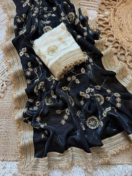 Polished Black Pure Fandy Satin Saree with C Pallu Bits Embroidery and Ready Lace Border Embroidery Sarees Wholesale