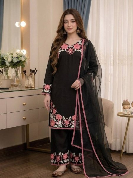Polished Black Pure Satin Rayon Embroidered Kurti Set with Farshi Palazzo and Kota Check Dupatta
