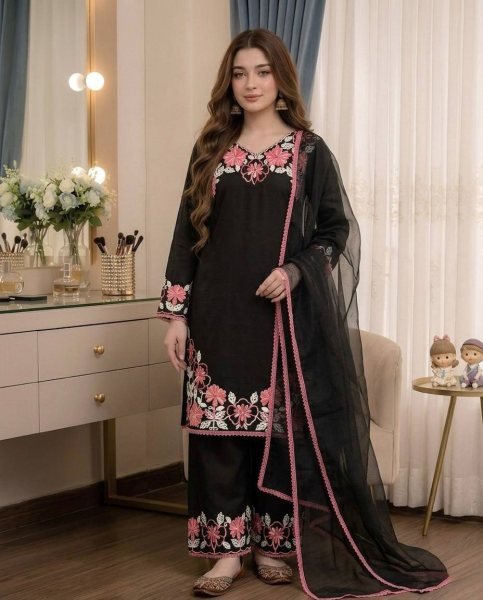 Polished Black Pure Satin Rayon Embroidered Kurti Set with Farshi Palazzo and Kota Check Dupatta Ready To Wear Collection