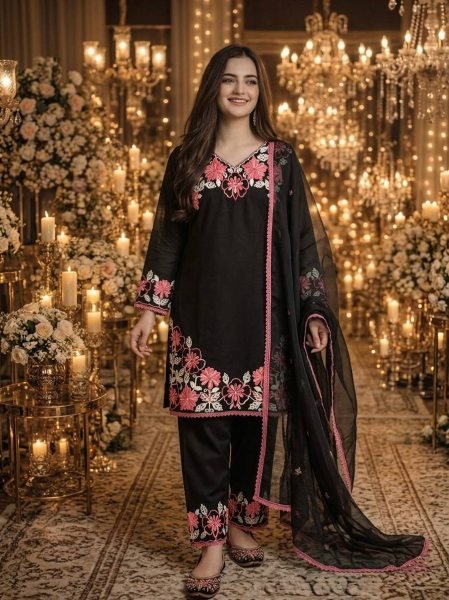 Polished Black Pure Satin Rayon Embroidered Kurti Set with Farshi Palazzo and Kota Check Dupatta Ready To Wear Collection