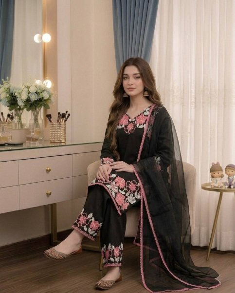 Polished Black Pure Satin Rayon Embroidered Kurti Set with Farshi Palazzo and Kota Check Dupatta Ready To Wear Collection