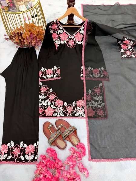 Polished Black Pure Satin Rayon Embroidered Kurti Set with Farshi Palazzo and Kota Check Dupatta Ready To Wear Collection