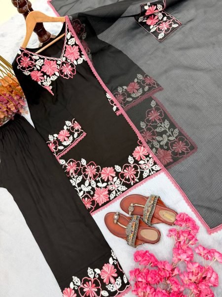 Polished Black Pure Satin Rayon Embroidered Kurti Set with Farshi Palazzo and Kota Check Dupatta Ready To Wear Collection