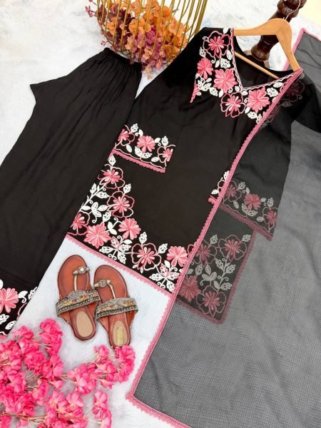 Polished Black Pure Satin Rayon Embroidered Kurti Set with Farshi Palazzo and Kota Check Dupatta Ready To Wear Collection