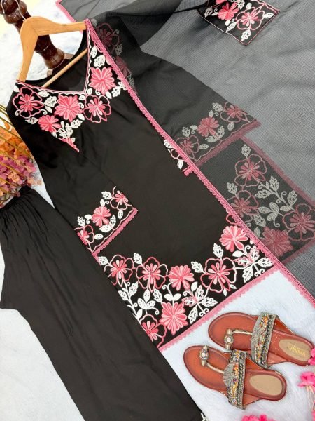 Polished Black Pure Satin Rayon Embroidered Kurti Set with Farshi Palazzo and Kota Check Dupatta Ready To Wear Collection