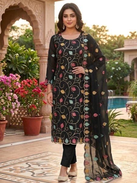 Polished Black Women's Vichitra Silk Dress Material with Sequins Work Dupatta 