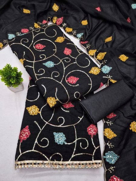 Polished Black Women's Vichitra Silk Dress Material with Sequins Work Dupatta Punjabi Dress Materials Wholesale