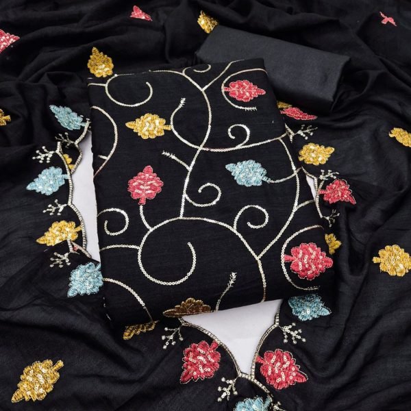 Polished Black Women's Vichitra Silk Dress Material with Sequins Work Dupatta Punjabi Dress Materials Wholesale