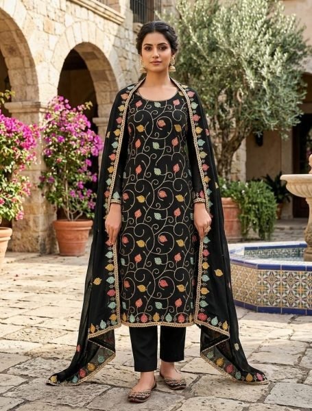 Polished Black Women's Vichitra Silk Dress Material with Sequins Work Dupatta Punjabi Dress Materials Wholesale