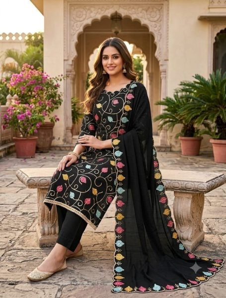 Polished Black Women's Vichitra Silk Dress Material with Sequins Work Dupatta Punjabi Dress Materials Wholesale